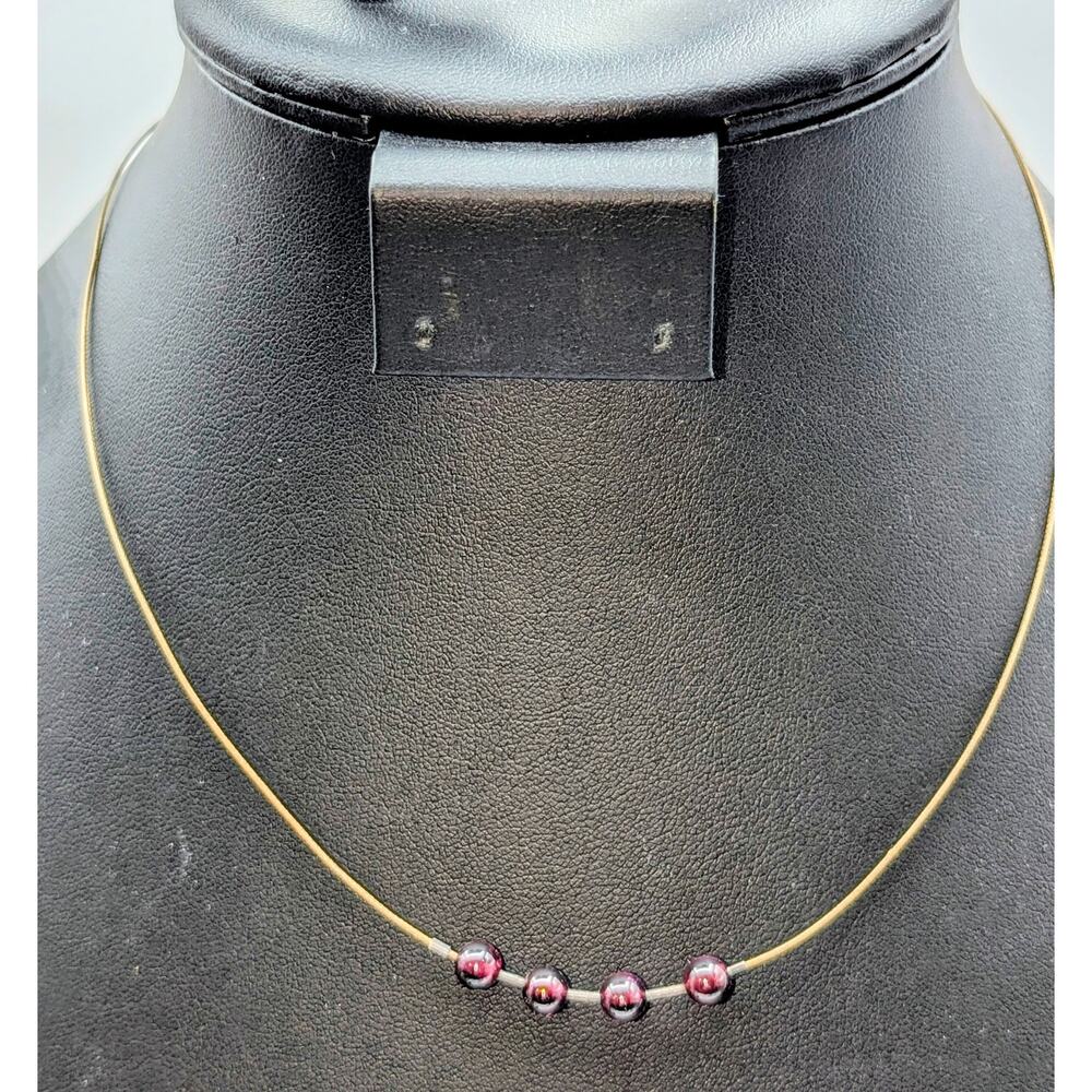 Vintage 925 Sterling Clasp Wire Cord Four Garnet Bead 16.5" Choker Necklace